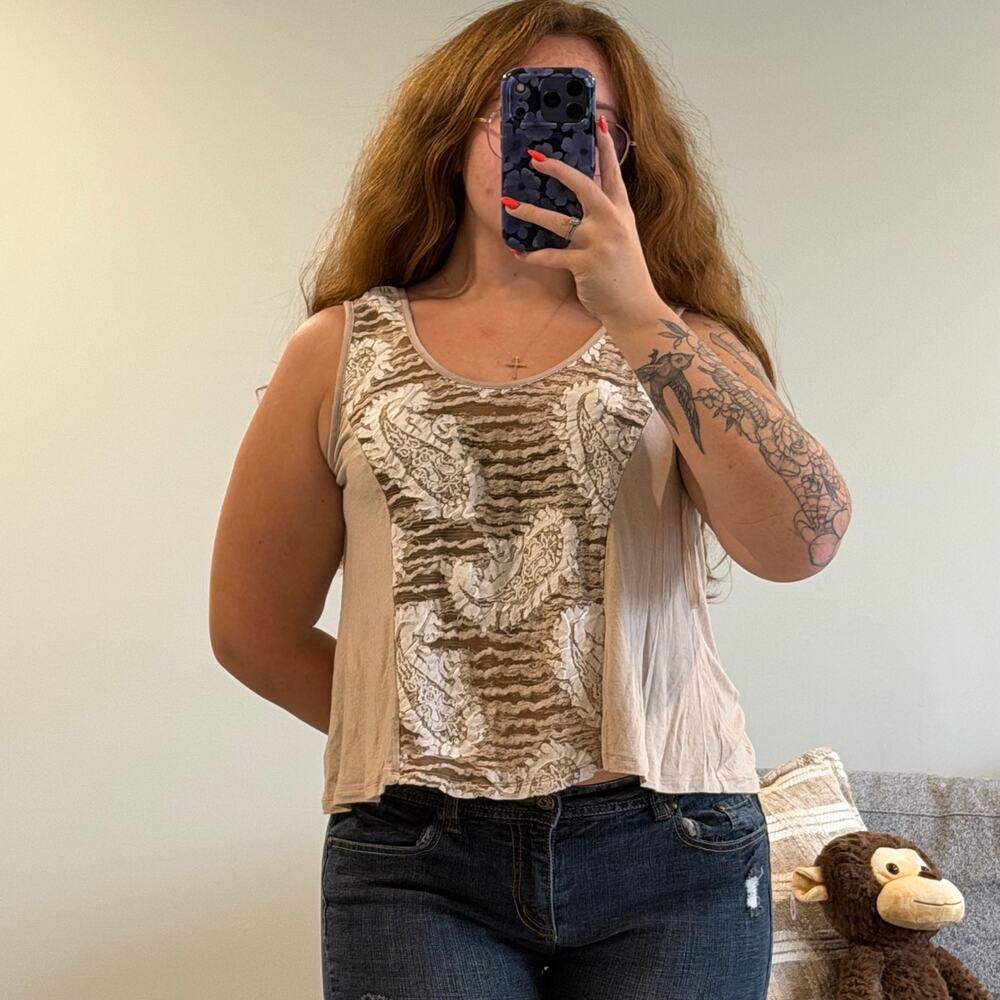 UB Los Angeles Beige Textured Paisley Boho Tank Top L